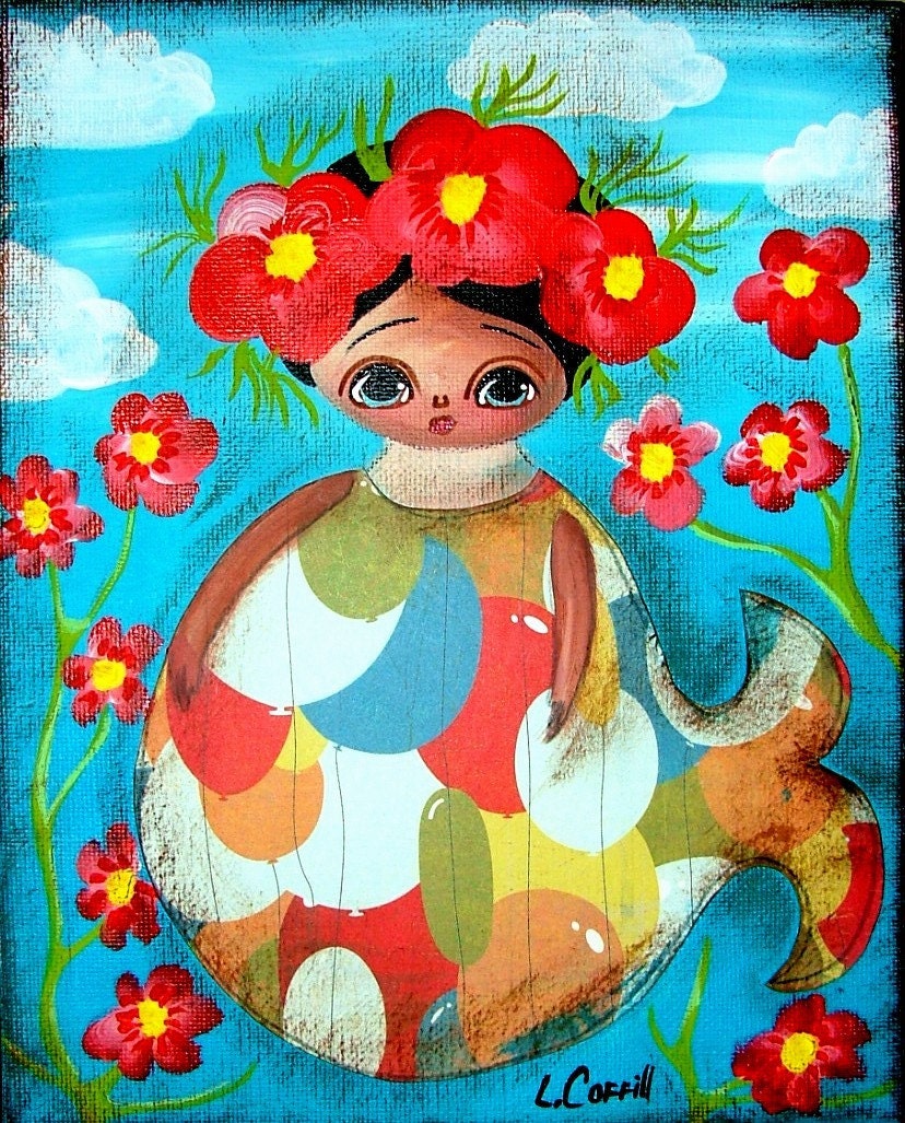 MERMAID Print with Beautiful Red Flowers 8X10 Reproduction from Original Painting Primitive Folk Art