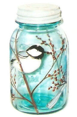 Chickadee Vintage Quart Mason Glass Jar Bird Hand-painted Black Capped Chickadee by Lisa Hayward - ourhousecraft