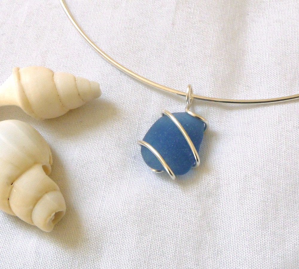 Sea glass choker, necklace, mid blue, silver, handmade