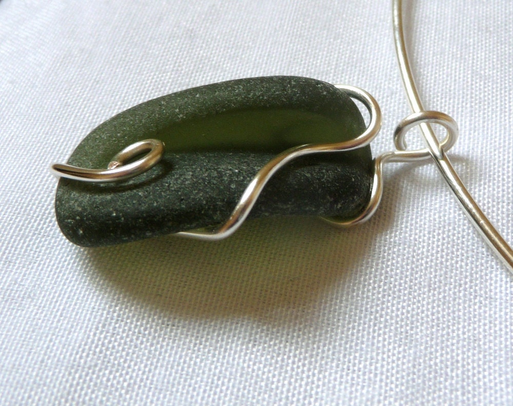 Sea glass choker, necklace, forest green, silver, handmade
