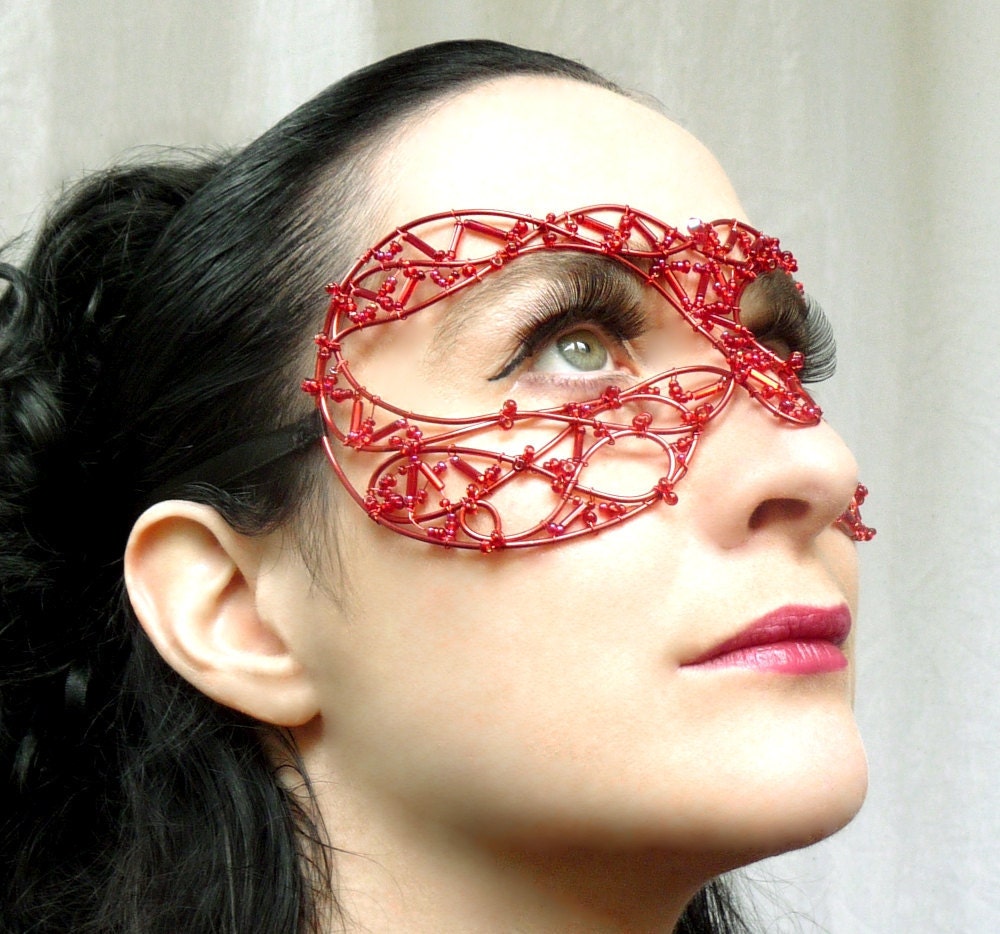 Red Venetian style masquerade mask, costume, womens, accessories, handmade