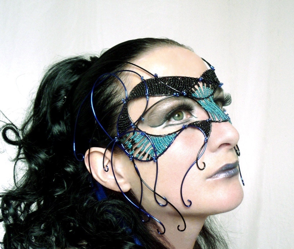 Black and blue cyber goth masquerade mask, womens, costume, accessories, handmade