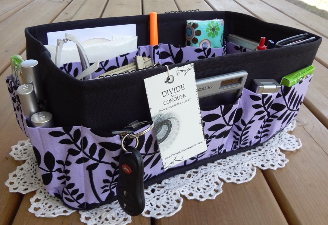 Purse ORGANIZER insert Shaper / Black Leaves on Lavender / Wide Rectangular / With stiff bottom option / Extra-Large / READY to SHIP