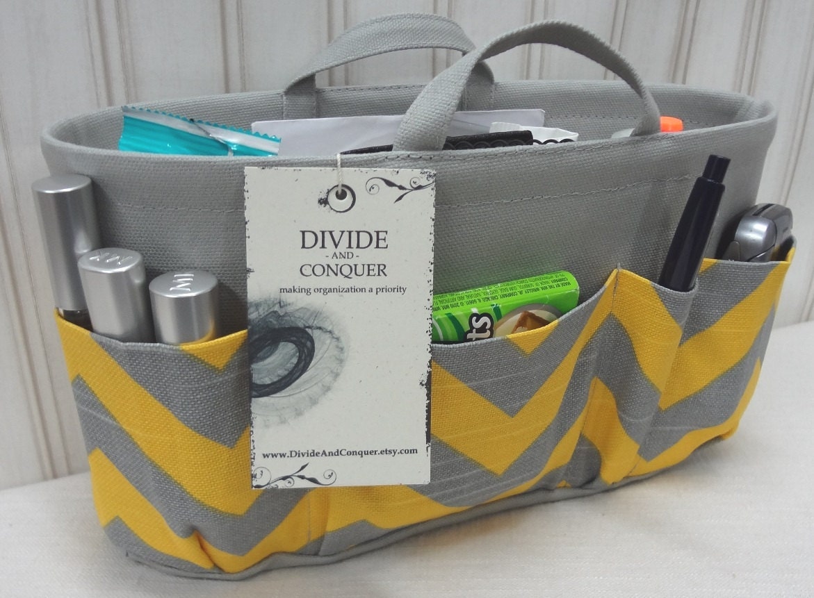 Purse ORGANIZER insert SHAPER with handles / Yellow & Gray Chevron / Extra Sturdy / Size SMALL / Bag Organizer / Ready to ship