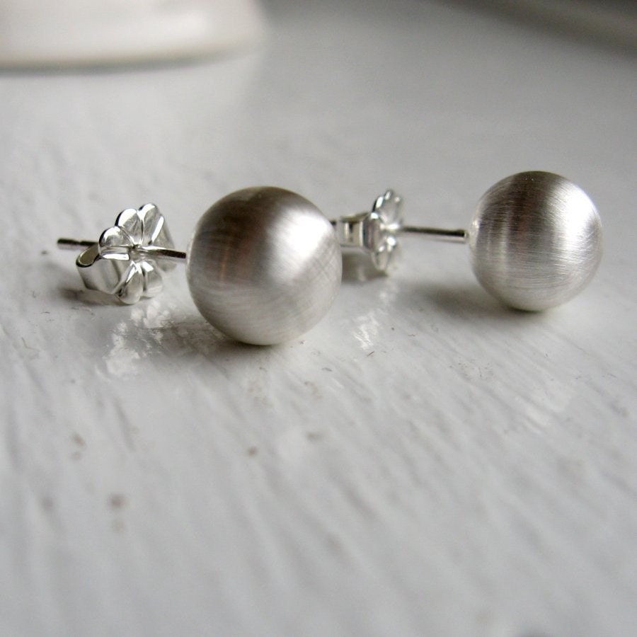 Large Sterling Silver Stud Earrings Simple Soft Sheen ( Jumbo 8mm ) - organic handmade sterling silver post earrings