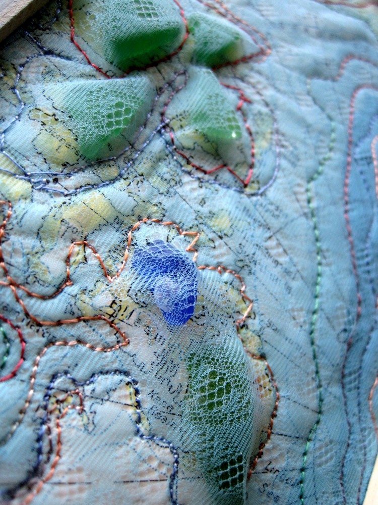 Mixed Media Art  - Altered Map Art with Beach Glass - 5 x 7 inches - Sea Glass Art