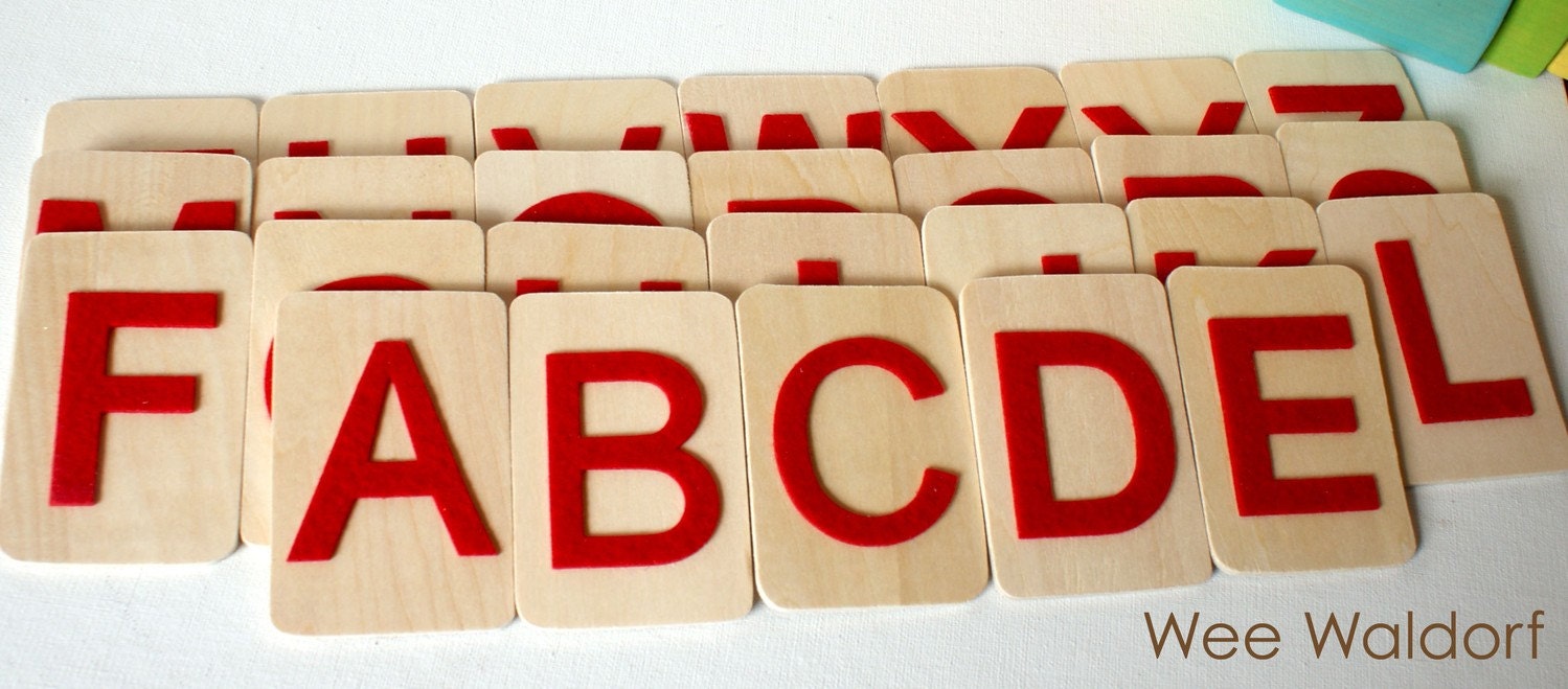 Raised Felt Alphabet. On Wood. Uppercase Set. With Acorn Pouch.