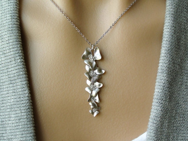 Sale - Silver Flower Cascade Necklace -  gift, wedding jewelry, wife, mother, sister, daughter, bridesmaid, romantic