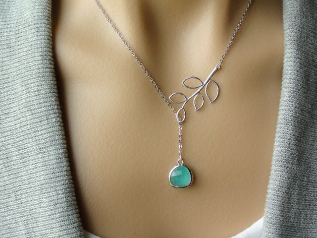 Silver Twig Lariat with Mint Opal Glass Drop  -  gift, mother, wife, sister, daughter, friend, bridesmaid, romantic
