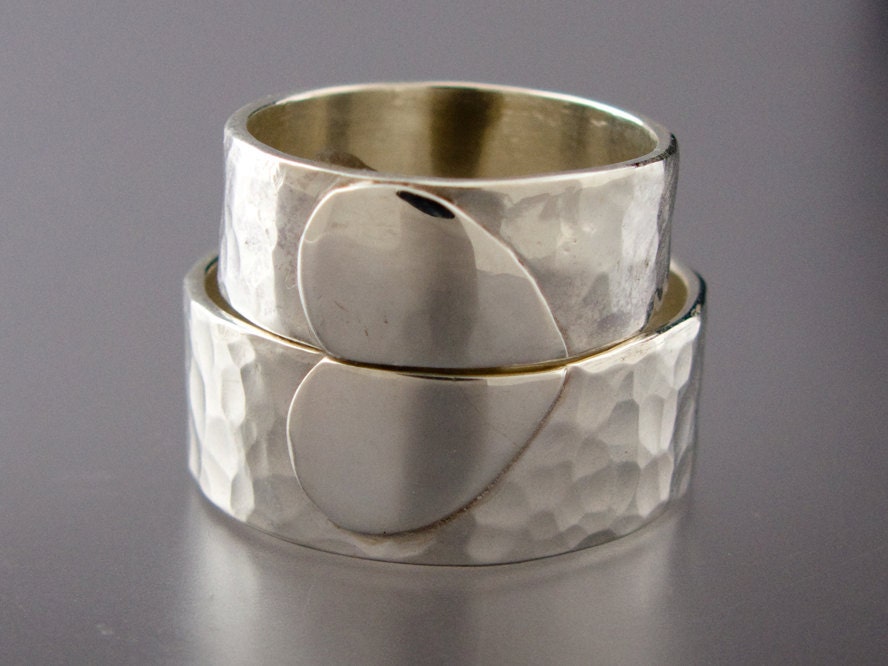 Extra Wide Heart Wedding Band Set - We Hold One Heart in Hammered Sterling Silver