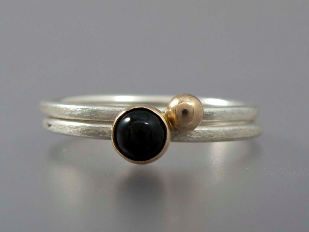 Gold and Silver Skinny Stacking Ring Set - Sterling Silver, Solid 14k Yellow Gold and 4mm Black Star Diopside - Other Stones Avaiable