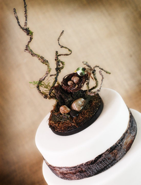Rustic Wooden Bird Nest Cake topper woodsy, woodland, rustic mossy