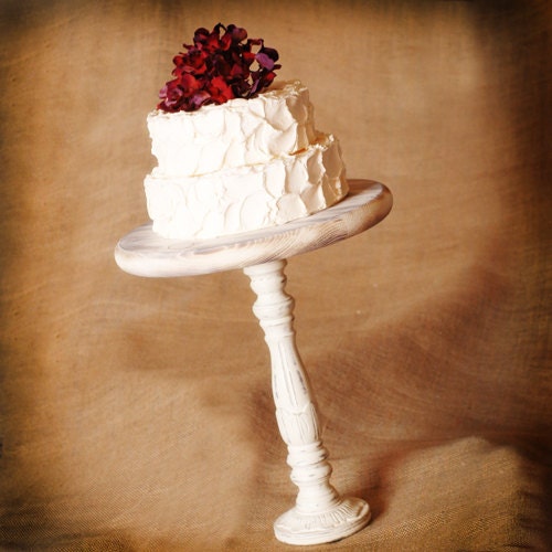 Shabby Chic White Pedestal Antiqued Cake Stand - 12 16 or 18 inch diameter top