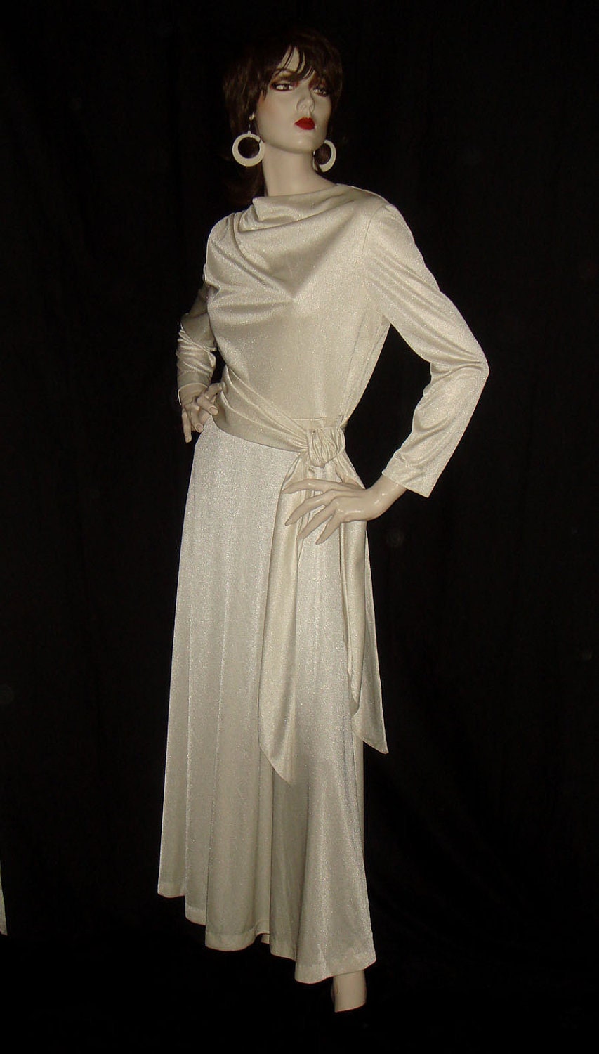 RESERVED Vintage 1970s White Draped Goddess Disco Dress S M