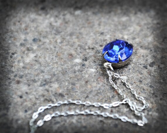 Sapphire Necklace Ocean Blue Necklace Vintage Glass Jewel Rhinestone Necklace Silver Plated Faceted Rhinestone Eco Friendly Retro Fashion