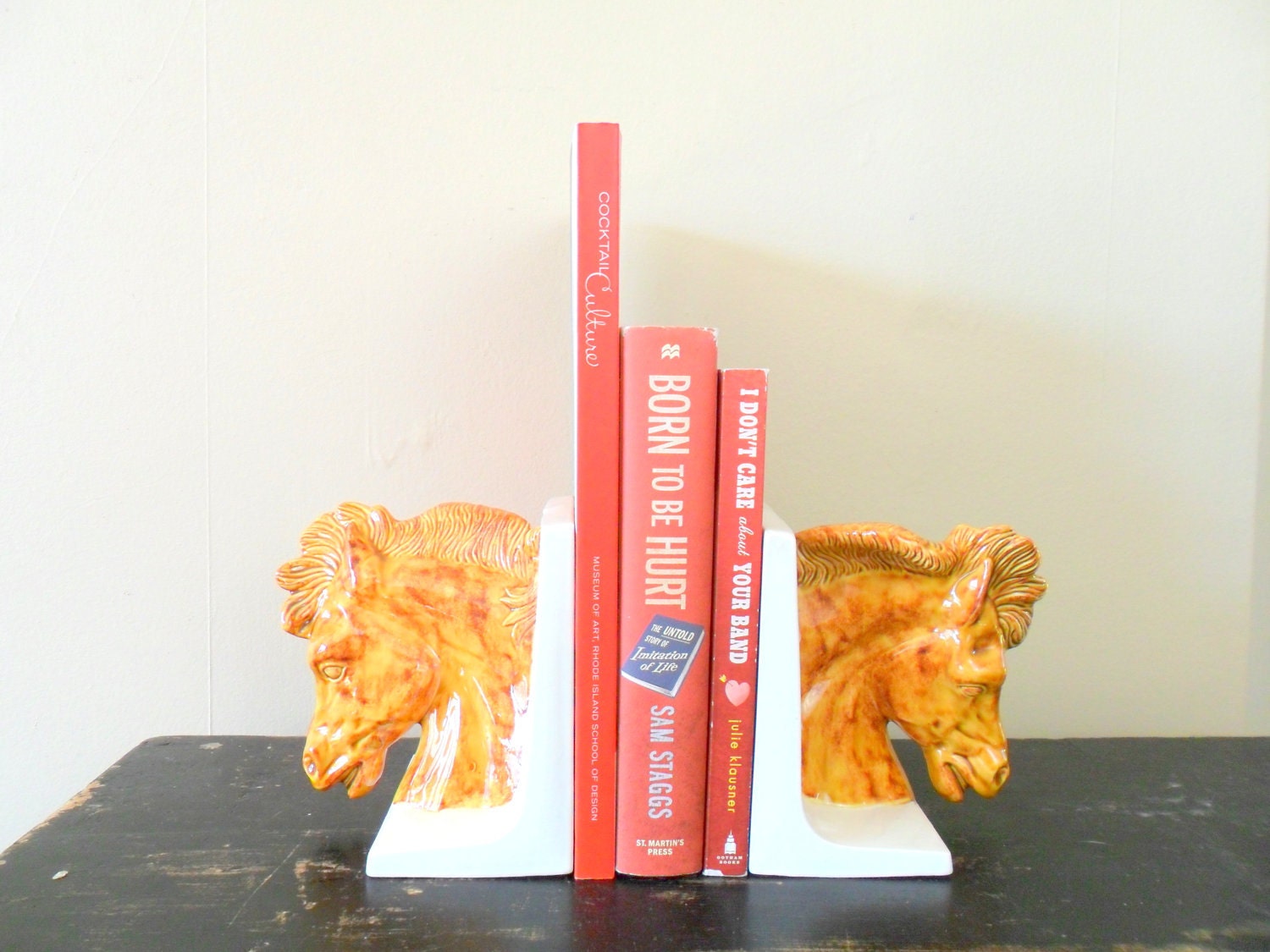 SALE vintage handmade fire orange ceramic horse head bookends - 1970s - rodeo