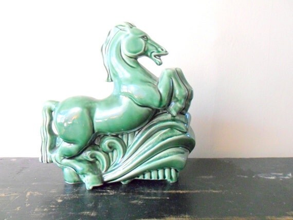 emerald green ceramic horse planter - hollywood regency - spring - equine