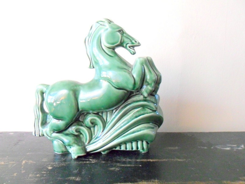 emerald green ceramic horse planter - hollywood regency - spring - equine