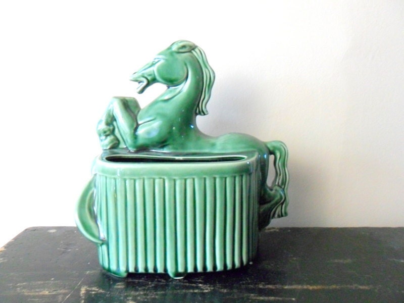 emerald green ceramic horse planter - hollywood regency - spring - equine