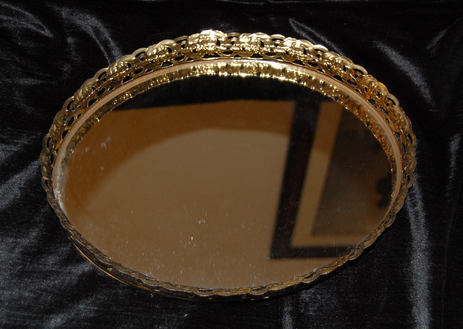 Vintage Vanity Oval Mirror Tray With Filigree Design-SALE-