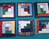 COASTERS "Log Cabin" Patchwork  Quilt Design Scrappy Colors Set of 6 Traditional Pattern Handmade in US Miniature Lodge Primative Decor