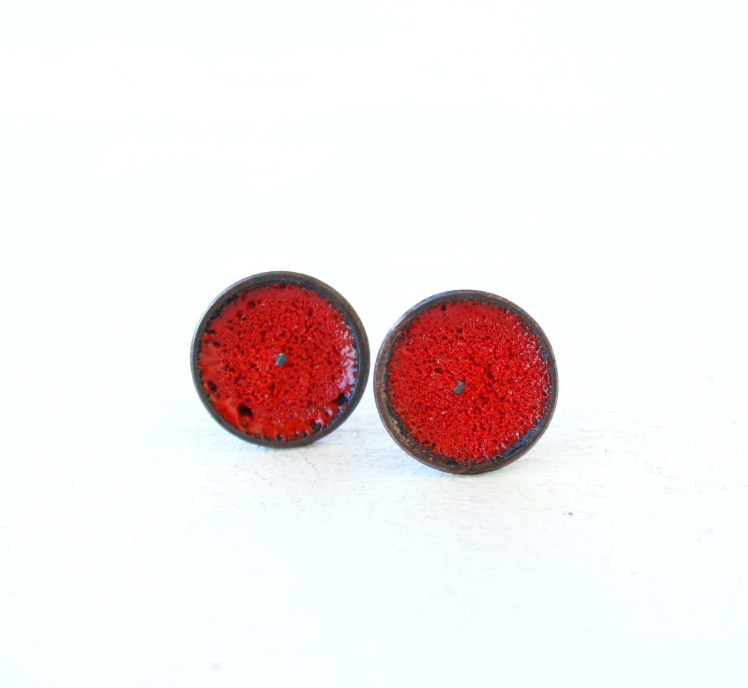 Passion red Copper Enamel stud button earrings Handmade Valentine gift