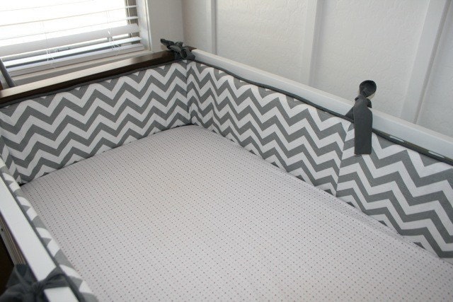 READY TO SHIP-  Gray Chevron with gray piping and ties flat bumper