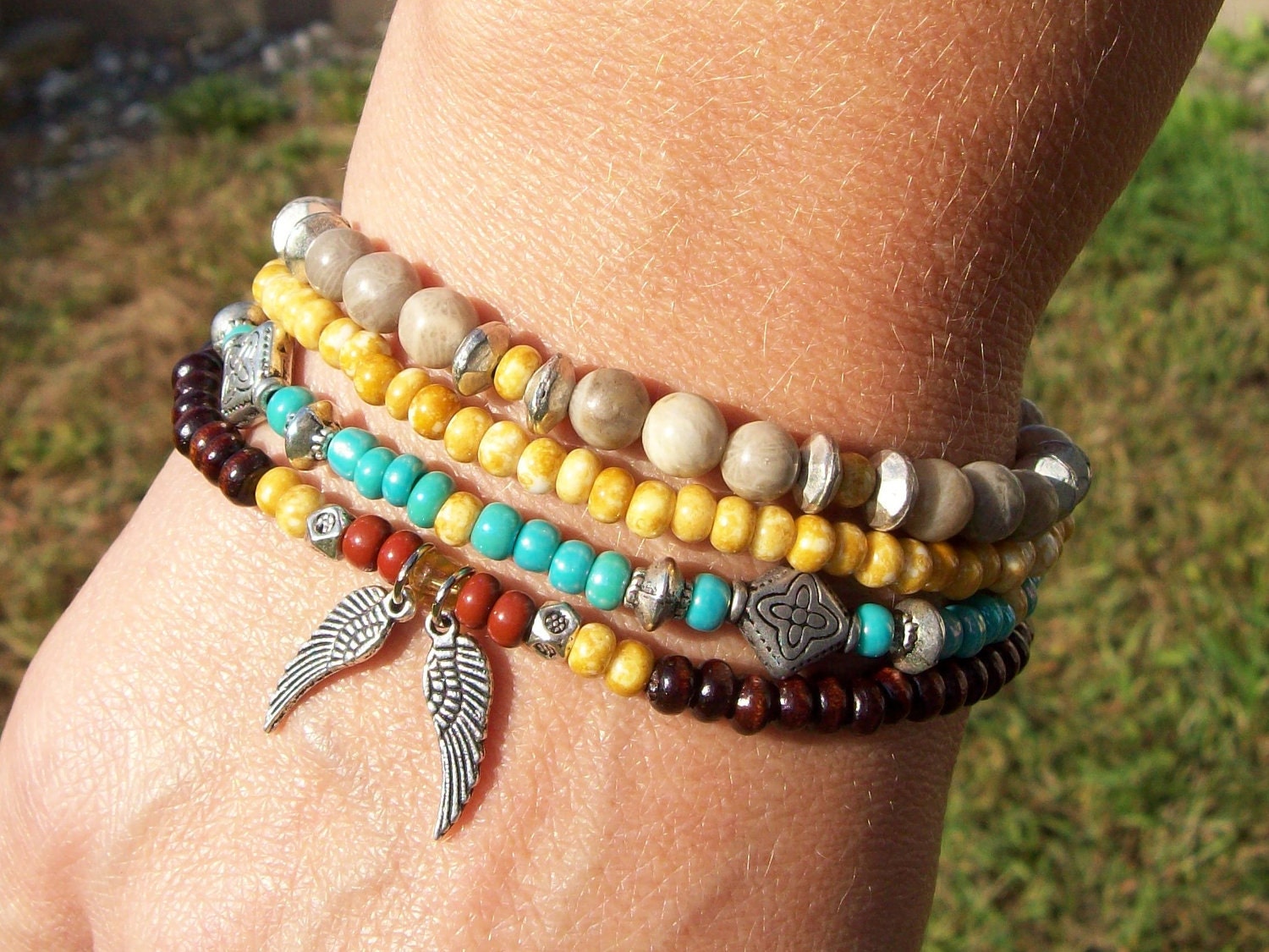 Angel Wings Stack Beaded Bracelets in Wood, Czech Glass and Brown Fossil Coral