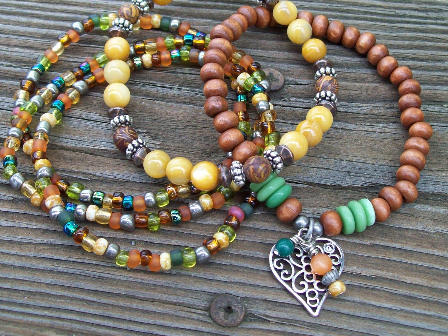Rivershell and Chrysanthemum Stretch Beaded Bracelets - Boho - Shell and Wood Bracelet Stack