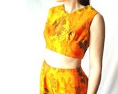 vintage 1970s jumpsuit : TANGERINE ORANGE 2 piece crop top bellbottoms