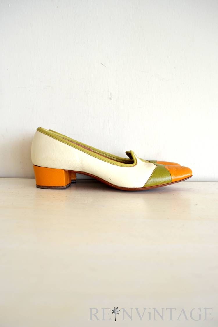 vintage 1960s shoes : 60s olive ivory pumpkin leather heels