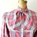 vintage plaid shirt - 1970s secretary blouse / teal salmon plaid