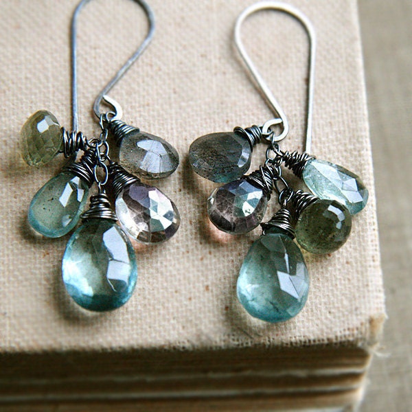 Moss Aquamarine Labradorite Earrings Dark Oxidized Sterling Silver Mossy Gemstones