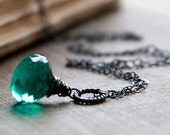 AAA Teal Quartz Necklace, Oxidized Black Silver Wire Wrapped - Mediterranean Beauty