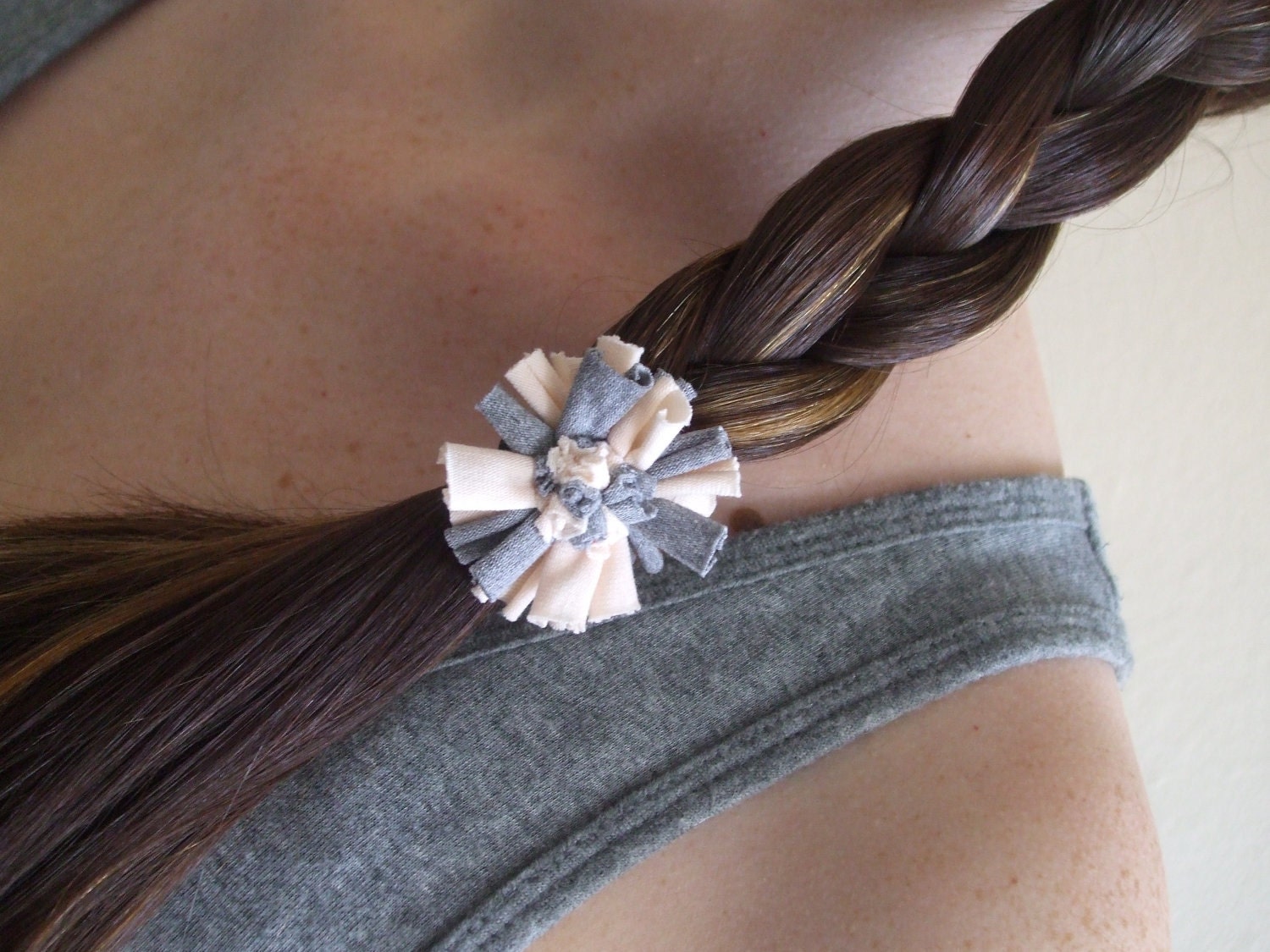 Ballet Pink and Gray Flower Ponytail Holders - Fabric Hair Accessory - Set of 2 - T-Shirt Ponytail Holders