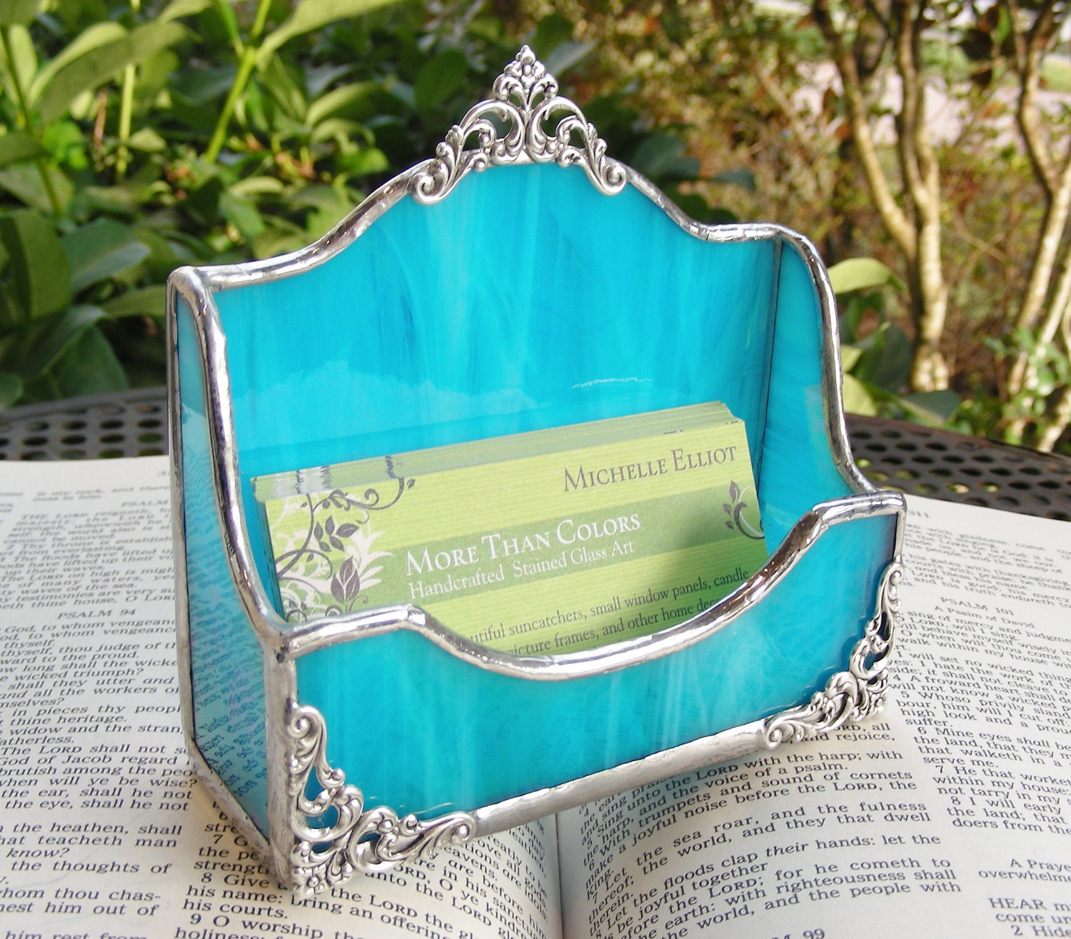 Handmade Stained Glass Ornate Turquoise Business Card Holder