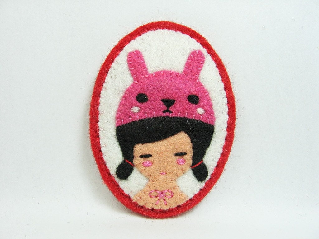 A Pink Bunny and a Girl felt pin