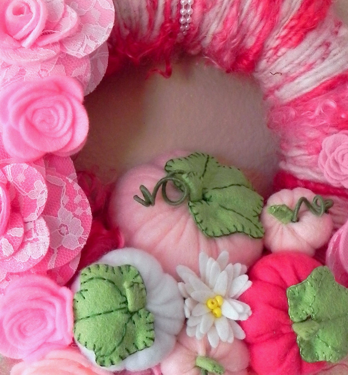 SALE Pink Pumpkins and Roses Yarn Wreath ...full of lace, roses,pearls and pumpkins