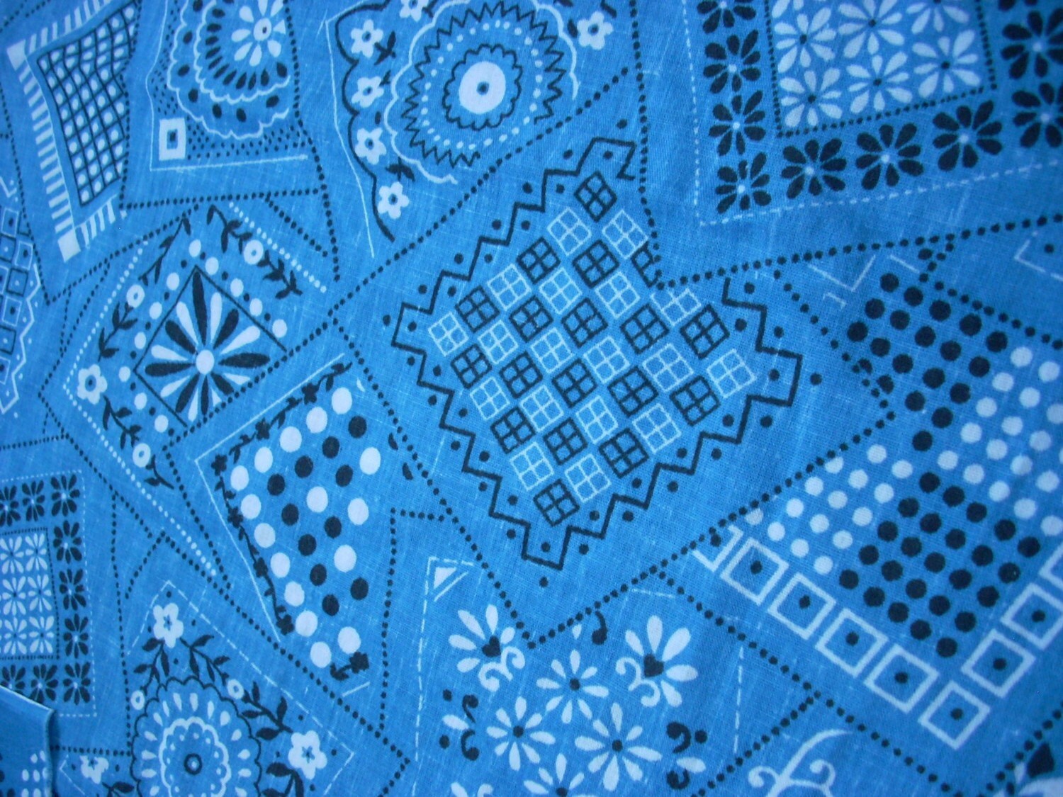 Vintage 70s Cotton Fabric Blue Bandana Print by dragstripdolly