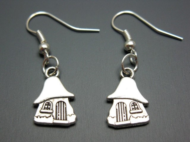 Mushroom House Earrings - smurf gnome fairy elf woodland cute retro old school jewelry 80s 90s cartoon funny jewellery kawaii fun szeya
