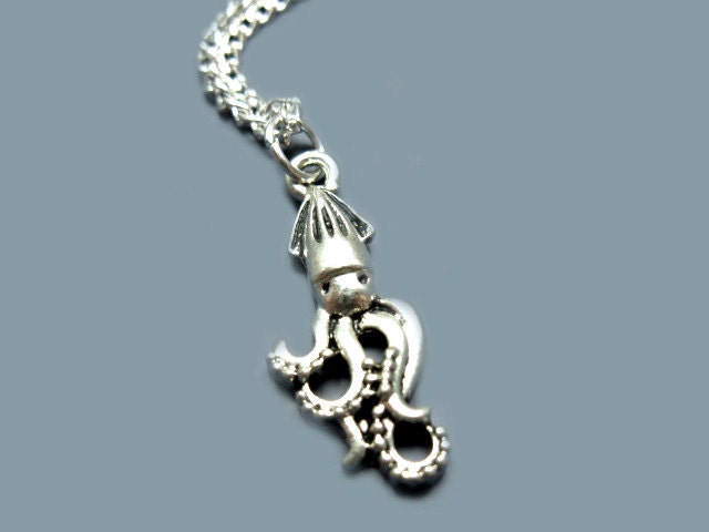 Squid Necklace - stainless steel chain tiny miniature sea creature cute necklace kawaii jewellery mini octopus tentacle funny quirky jewelry