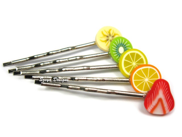5 Fruit Slice Bobby Pin Set (Strawberry, Orange, Lemon, Kiwi, Banana) - rainbow hair clips cute barrette quirky kawaii szeya designs