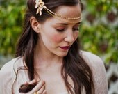 Rhinestone and chain headpiece with brass flower pins, style 505