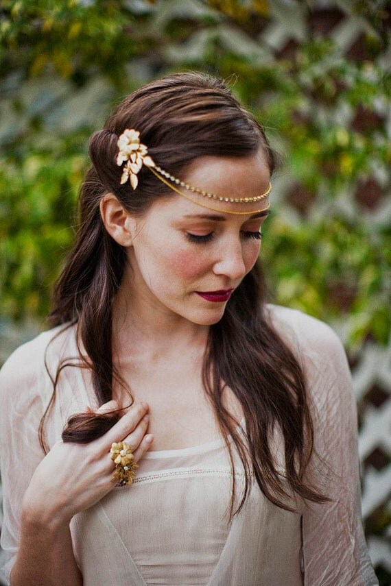 Rhinestone and chain headpiece with brass flower pins, style 505