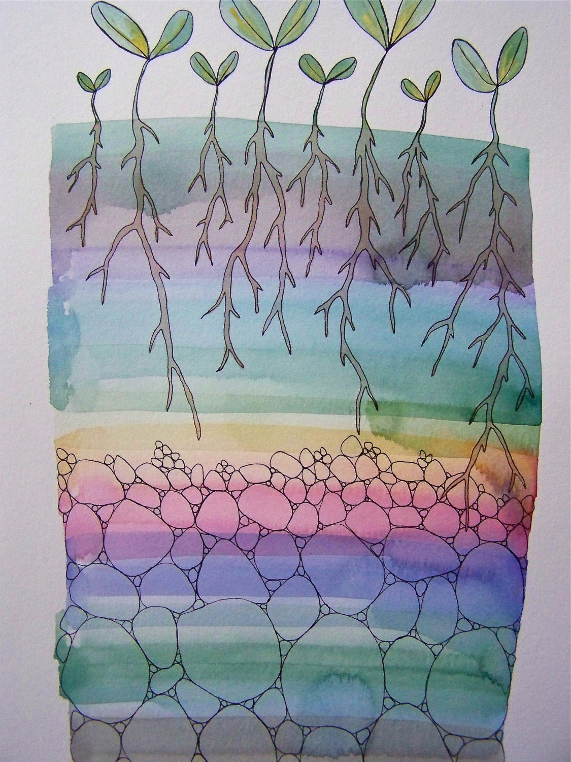Rainbow Spring Sprouts- 11x17 print of original watercolor