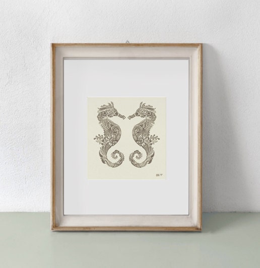 Mehndi style Seahorses Print 8"x10" - from my Original Nautical Illustration
