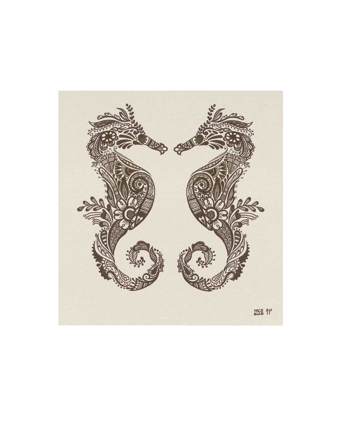 Mehndi style Seahorses Print 8"x10" - from my Original Nautical Illustration