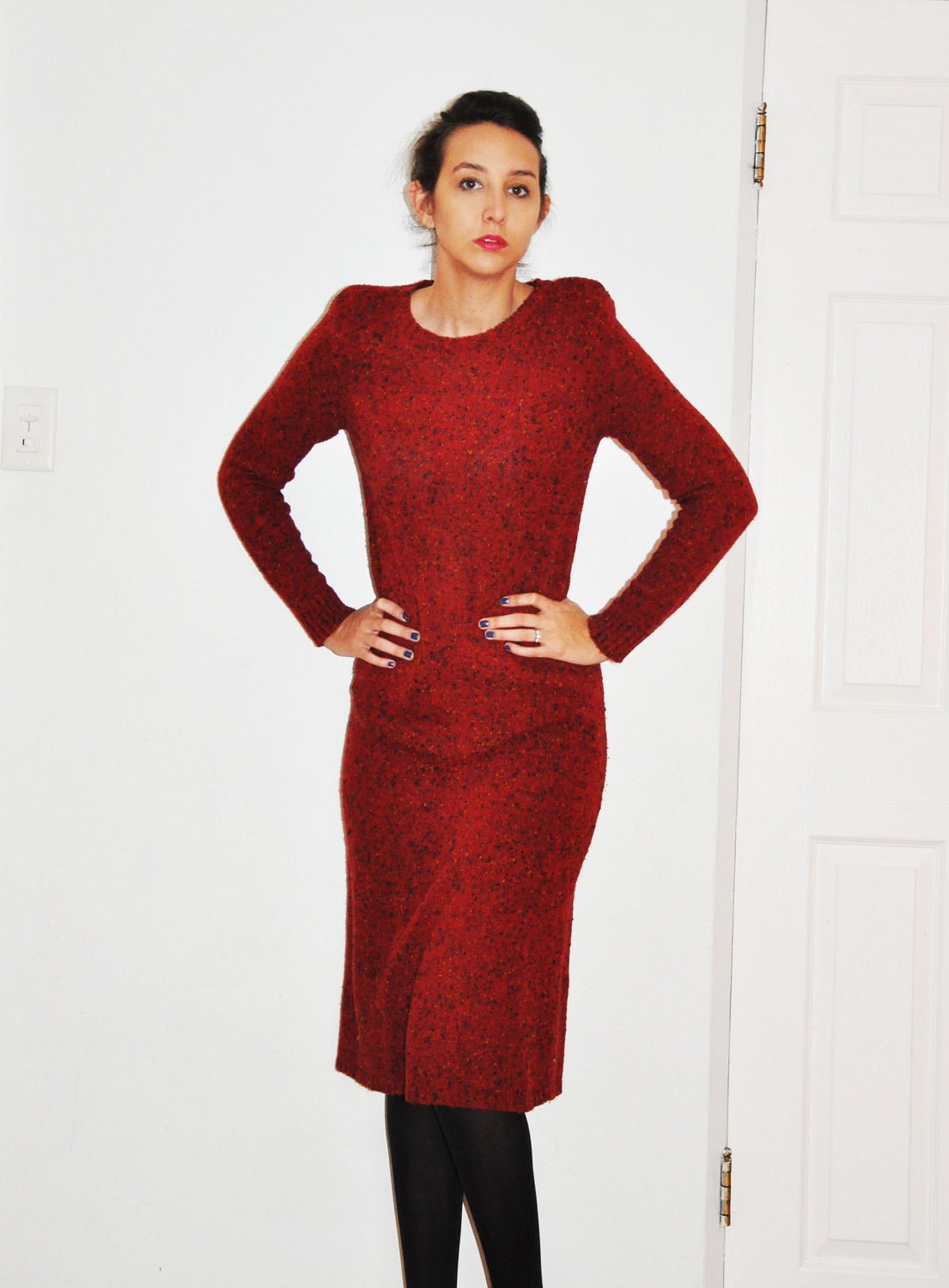 Cute Maroon 1980s Sweater Dress