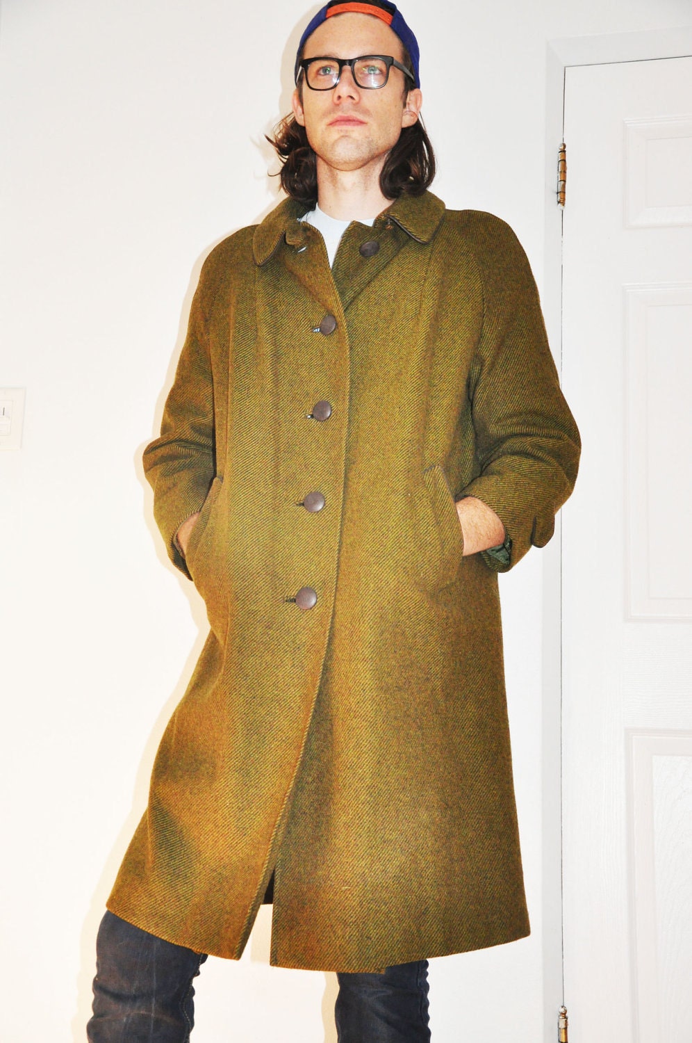 Great Vintage Designer 1950's Juli de Roma Green Wool and faux Fur Coat