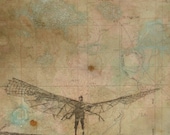 Flying Squirrel - Otto Lilienthal - Flying Man - Original  Drawing - Patina Rust and coffe Stain - Charcoal and Watercolor